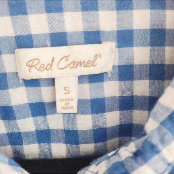 S Red Camel Blue and White Checkered Shirt Button Down - Picture 2 of 4